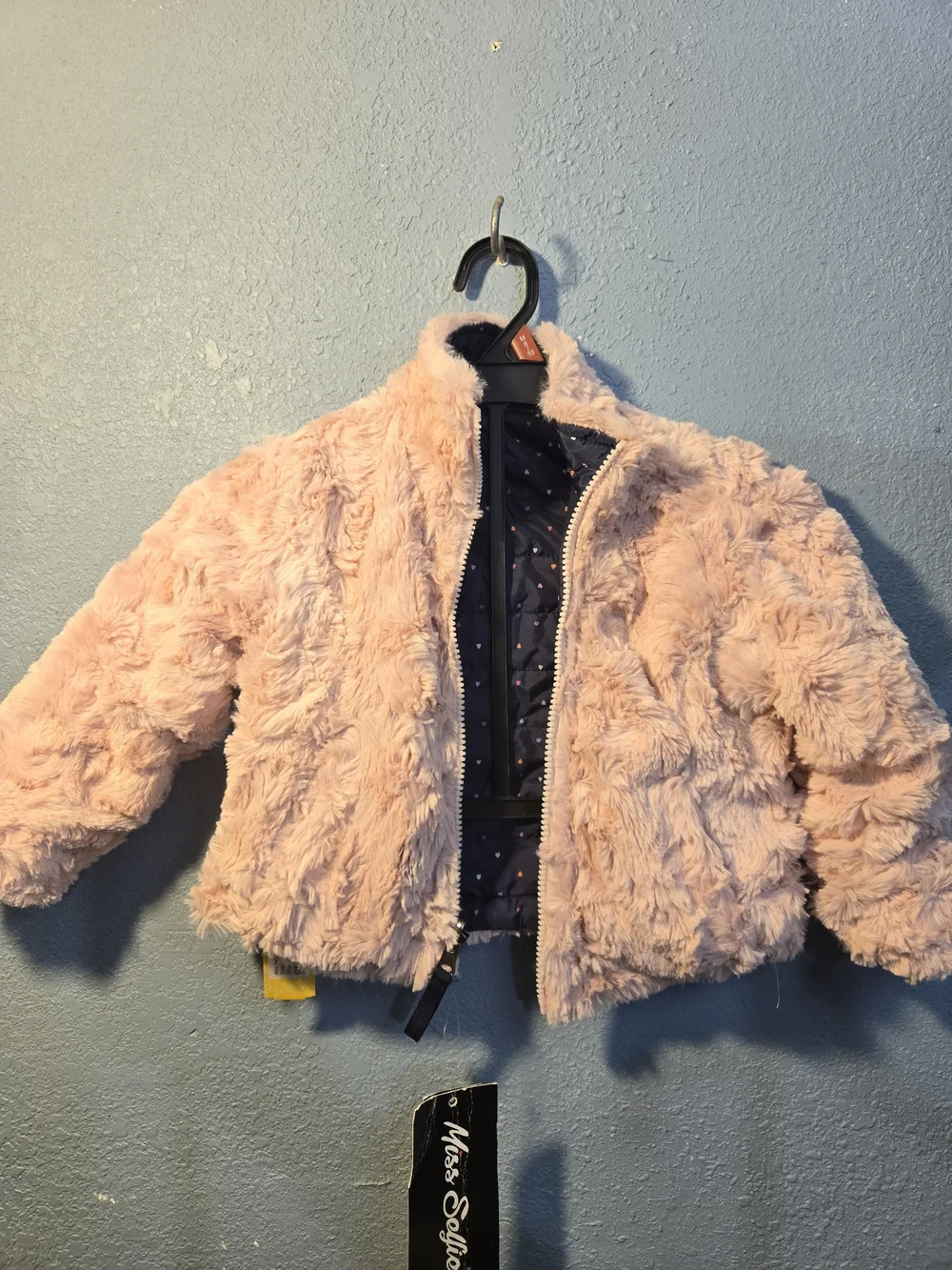 Miss Sofia Navy Heart Print Puffer Jacket with Pink Faux Fur